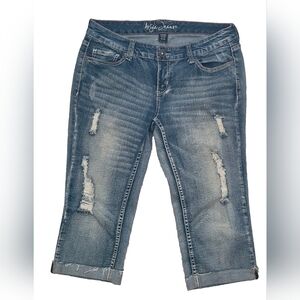 Y2K ARIYA JEANS distressed capri pants ✼ SIZE  11/12 ✼ jeweled buttons